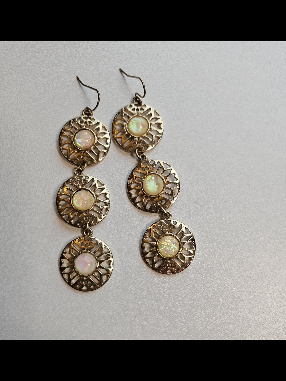 Gold-Tone Triple Disc Opal Drop Earrings